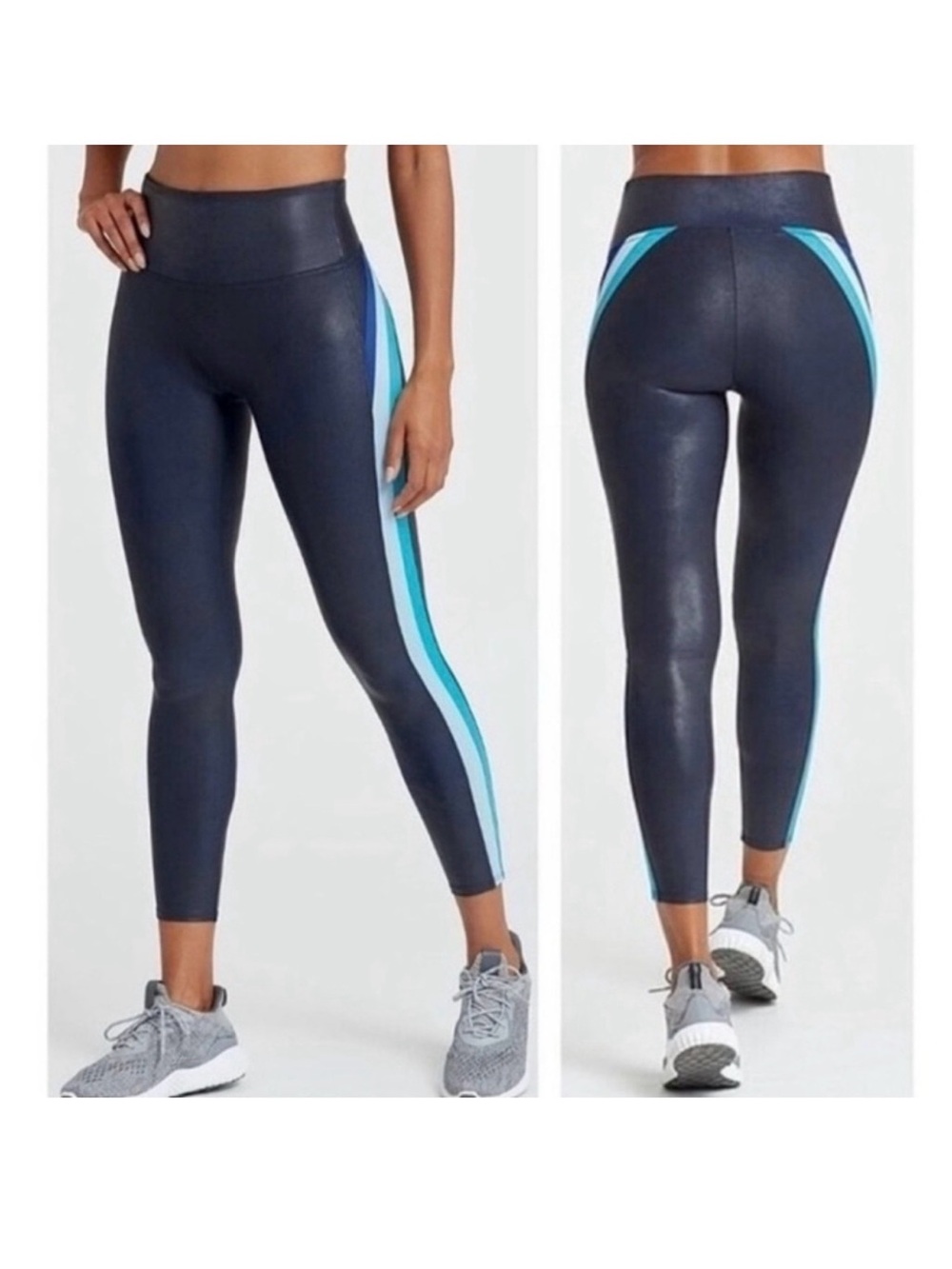 SPANX Women Navy Blue Faux Leather Leggings Sz S with Blue and Teal Stripes
